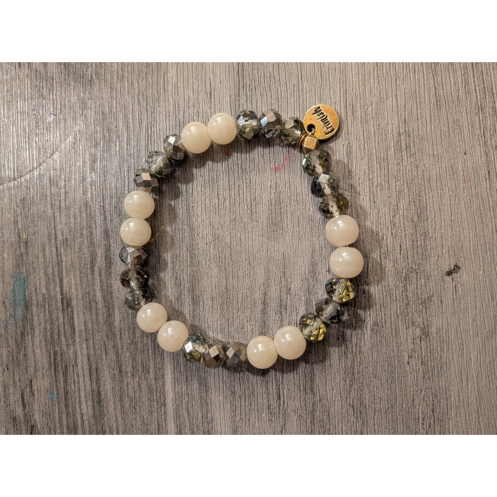 Erimish Beaded Stretch Bracelet Cream Grey Crystal Gold Logo Charm